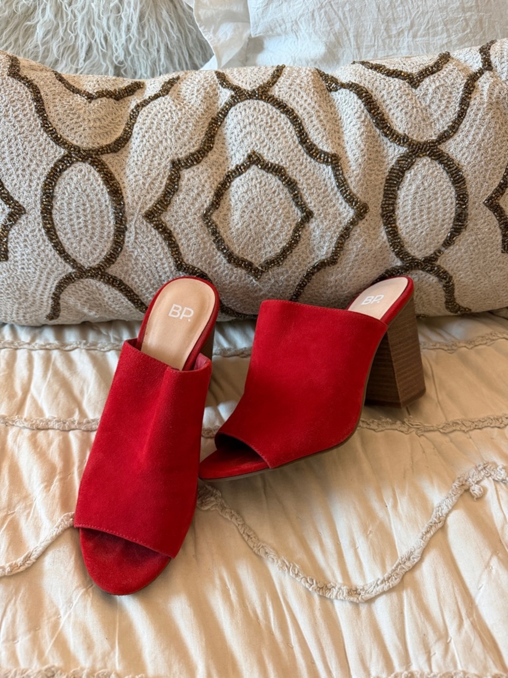bp Red Suede Open-Toe Block Heel Mules